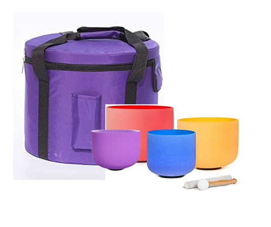 CVNC - Juego de 4  cuencos de vidrio de cuarzo esmerilado de 6 a 12 pulgadas de colores para curación de sonido, sin instrumentos, 1 bolsas de viaje para meditación