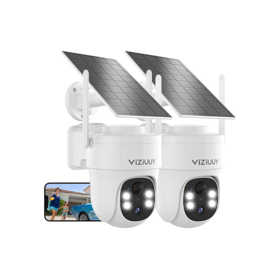 VIZIUUY - Cámaras de seguridad solares inalámbricas para exteriores, paquete de 2 cámaras de seguridad de 3 MP, inalámbricas para exteriores, cámara WiFi de 360 ° con visión nocturna de color y sensor