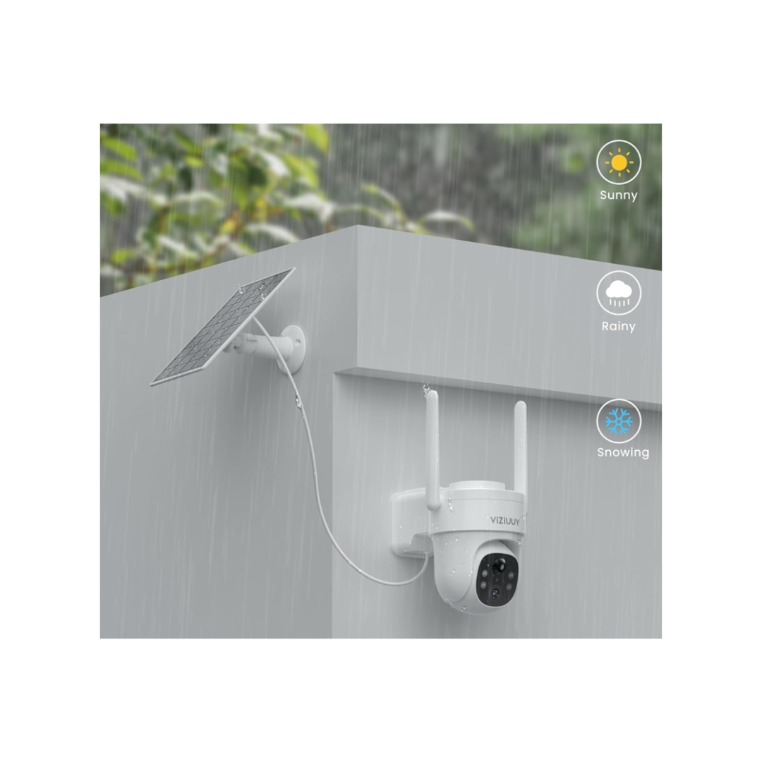 VIZIUUY - Cámaras de seguridad solares inalámbricas para exteriores, paquete de 2 cámaras de seguridad de 3 MP, inalámbricas para exteriores, cámara WiFi de 360 ° con visión nocturna de color y sensor