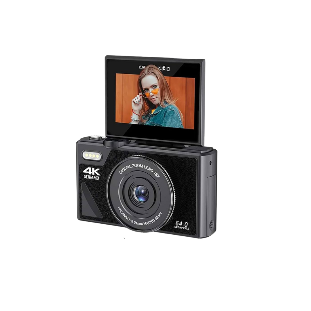 Acuvar Cámara digital 4K de 64MP para fotografía, cámara de vlogging para YouTube con pantalla abatible de 180° de 3.0 pulgadas, zoom digital de 18X (kit de inicio, negro)