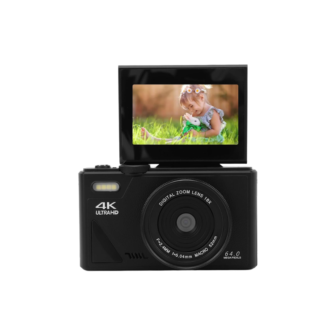 Acuvar Cámara digital 4K de 64MP para fotografía, cámara de vlogging para YouTube con pantalla abatible de 180° de 3.0 pulgadas, zoom digital de 18X (kit de inicio, negro)