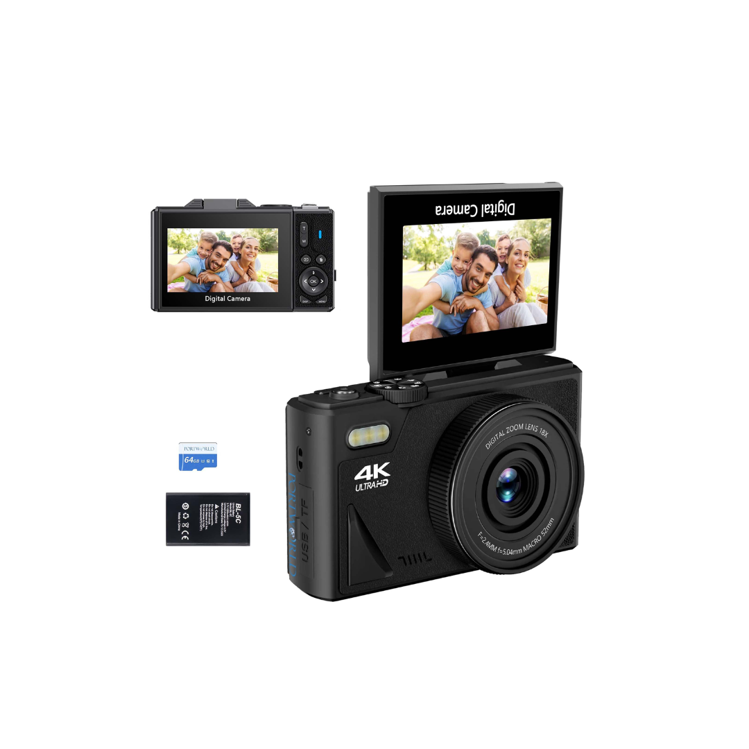 Acuvar Cámara digital 4K de 64MP para fotografía, cámara de vlogging para YouTube con pantalla abatible de 180° de 3.0 pulgadas, zoom digital de 18X (kit de inicio, negro)